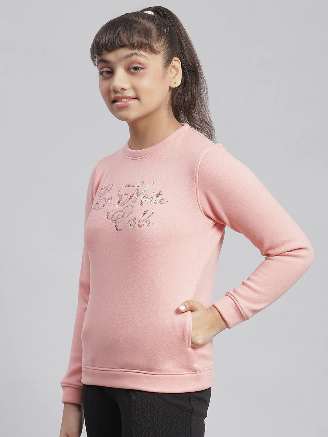 Girls Pink Embellished Round Neck Full Sleeve Sweatshirt - Image 4