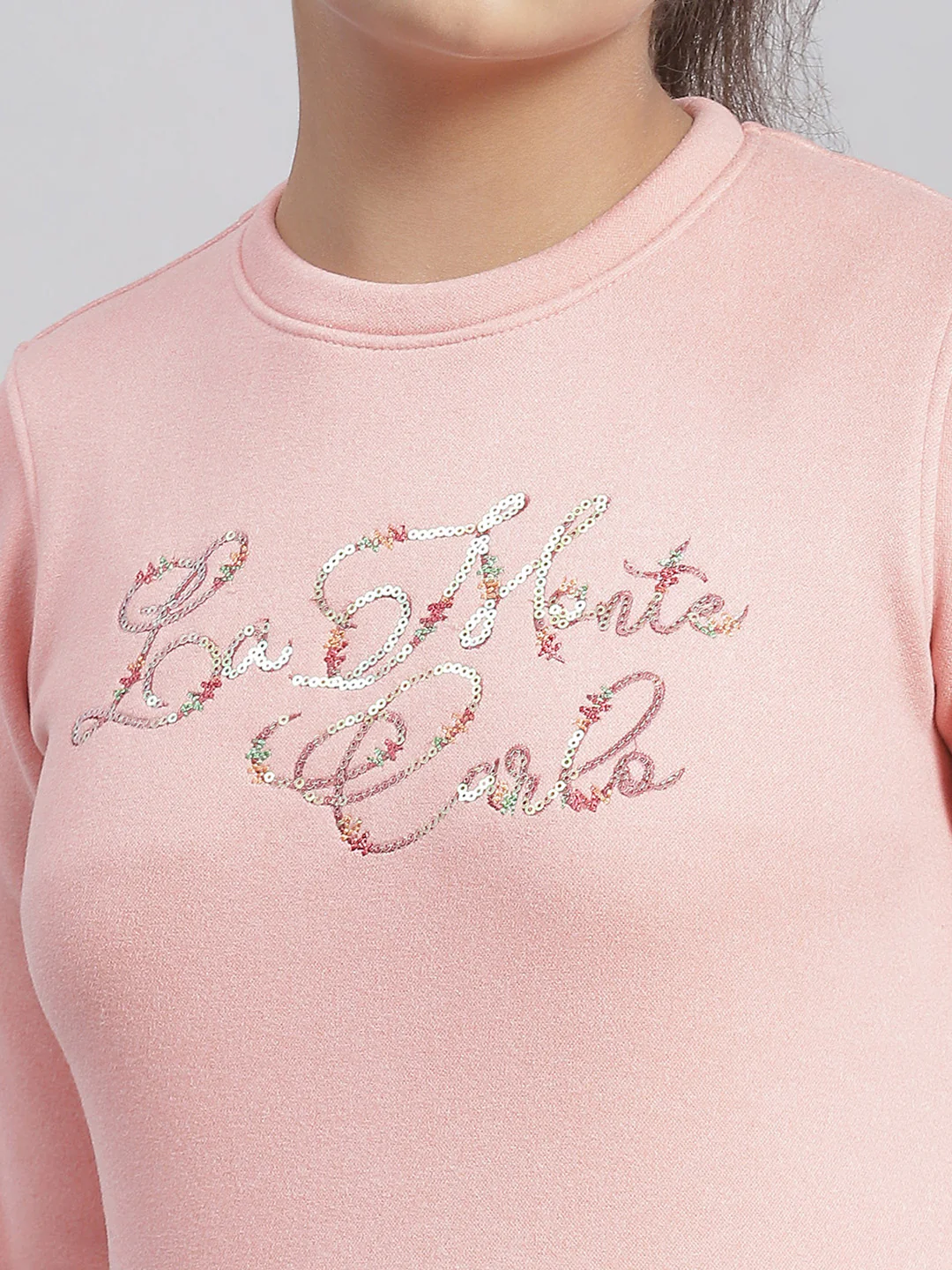 Girls Pink Embellished Round Neck Full Sleeve Sweatshirt - Image 7