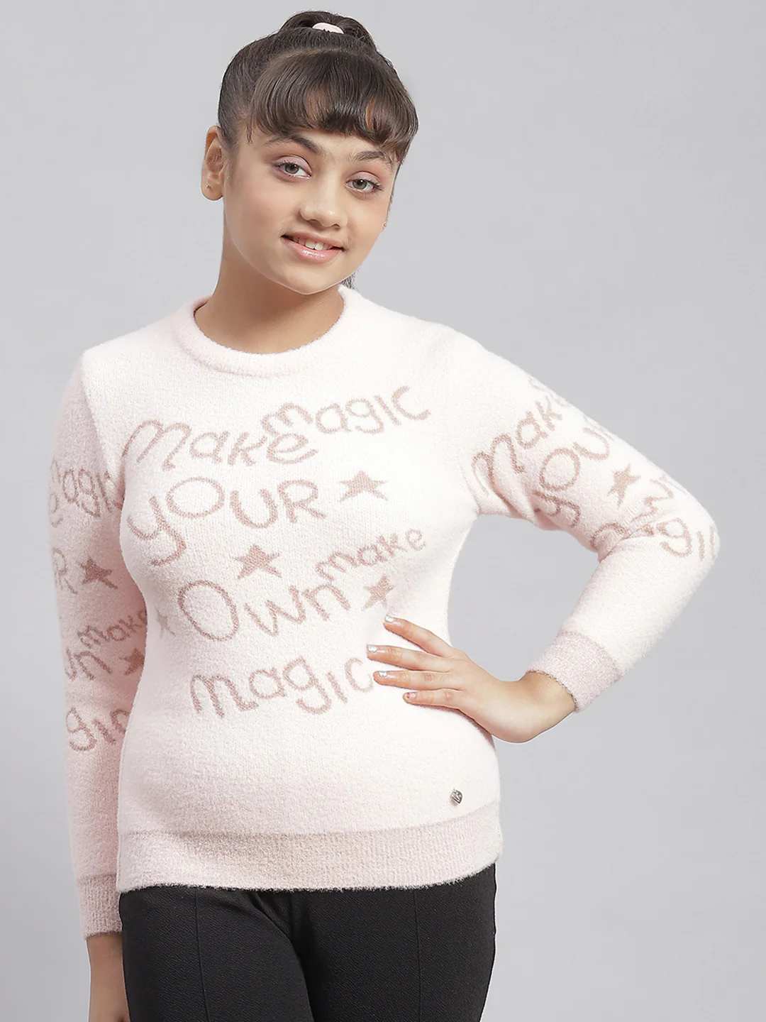 Girls Pink Printed Round Neck Full Sleeve Sweater - Image 3