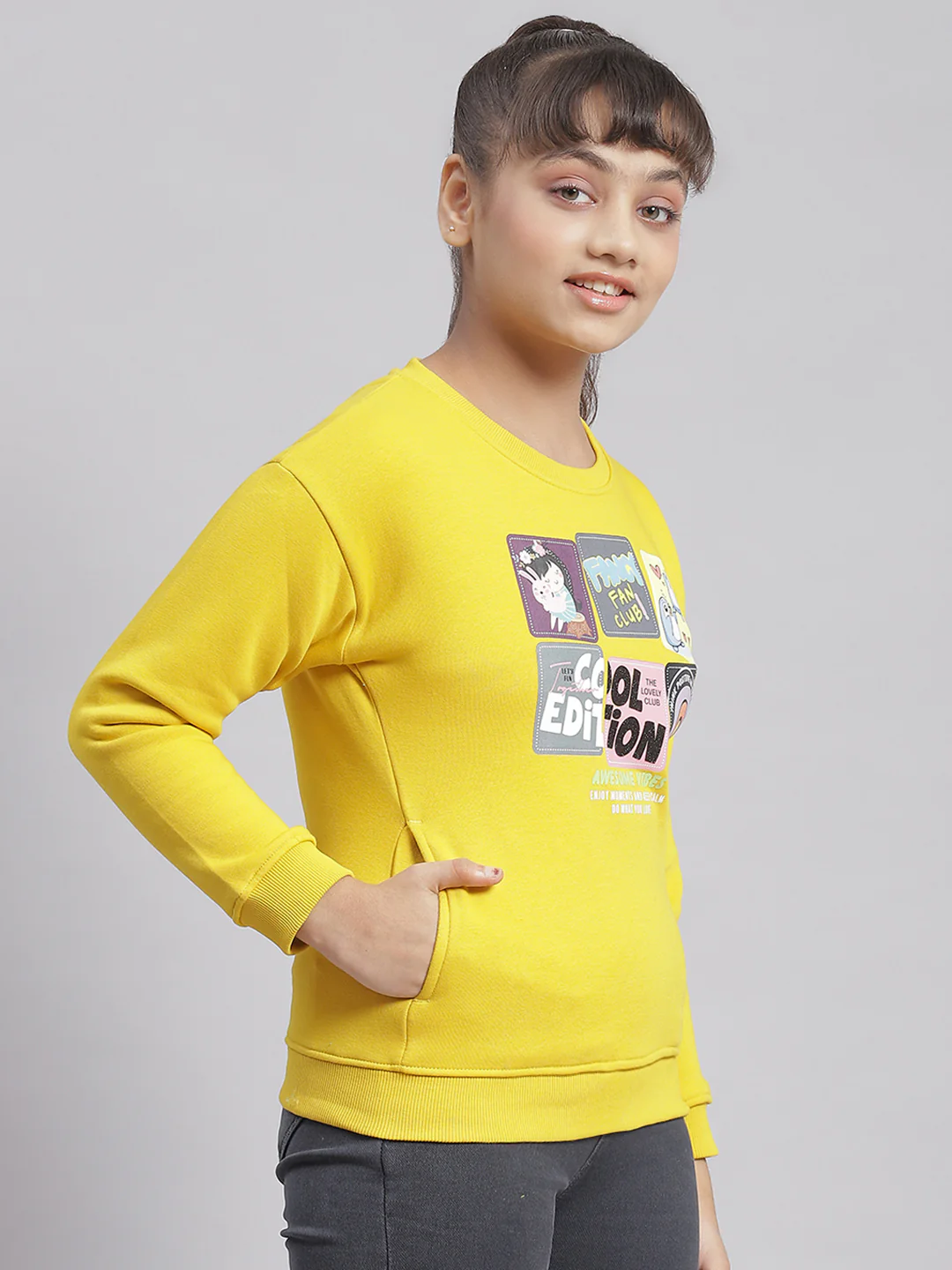 Girls Yellow Printed Round Neck Full Sleeve Sweatshirt - Image 4